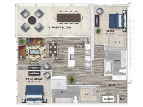 1291 Square ft 2 bed 2 bath 3D floor plan  at St Mary's Square North Apartments, Raleigh, NC, 27605